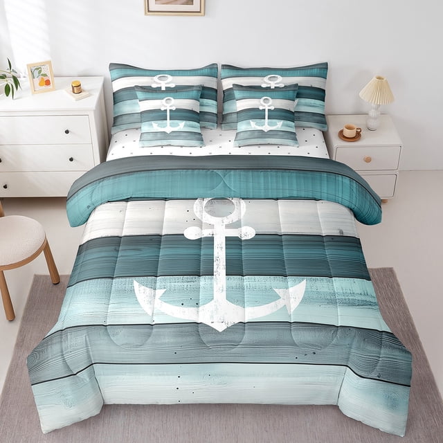 Erosebridal Ensemble de Literie Vintage à Ancre, Format Grand Lit, Ensemble de Lit à Rayures Rustiques Sarcelle, Déco de Chambre Nautique, Réversible 7 Pcs