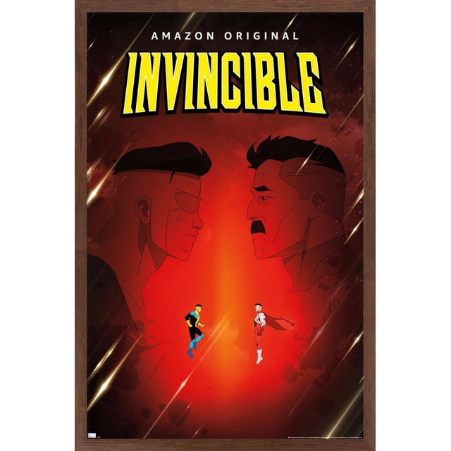 Invincible - Affiche Murale Père et Fils en une Feuille, 22,375 Po x 34 Po, Représentant Deux Superhéros Masculins Animés Se Affrontant avec de Grands Profils Ombrés derrière, sur Fond Dégradé Rouge, Encadrée en Bois Foncé, avec Texte Jaune Audacieux « Invincible » et « Amazon Original » au-Dessus, Idéale pour la Déco Murale dans les Chambres Ou les Bureaux.