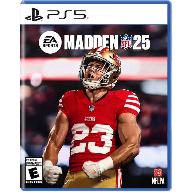 MADDEN NFL 25 (PS5) Couverture de Jeu Mettant en Vedette un Joueur de football Portant un Numéro de Maillot des San Francisco 49ers Rouge 23 avec Casque Doré et Gants Blancs, sur Fond de Stade Flouté avec EA Sports et les logos de la NFL.