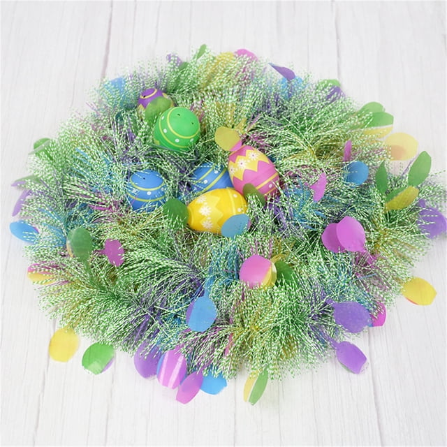 Dvkptbk Easter Decorations Easter Garland, a multicolour artificial wreath with rattan berry accents, green foliage, pastel leaves, and decorative Easter eggs. Measuring 2m, this hanging decoration is perfect for front doors, walls, or DIY Easter decor projects.