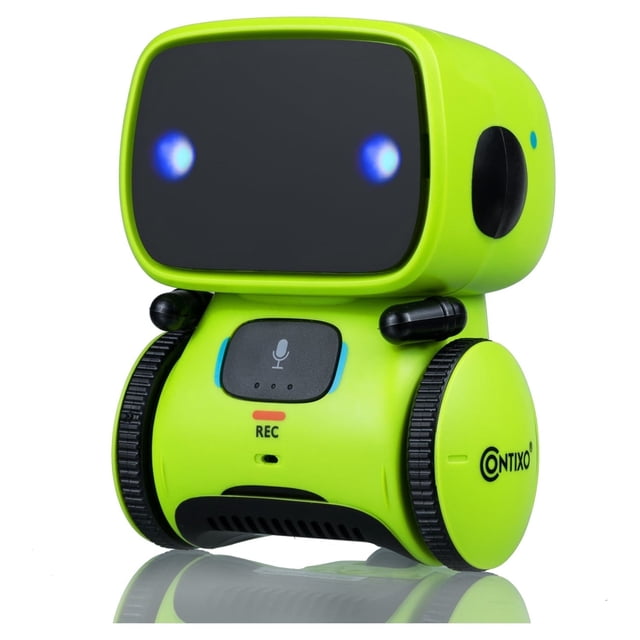 Contixo Kids Smart Robot Toy Mini Robot R1 in green, a compact STEM toy with a black screen face displaying glowing blue eyes. Equipped with touch sensors, a microphone button, and wheels for mobility, it talks, sings, dances, and responds to voice commands. Ideal for children aged 3-8, it promotes creativity, speech development, and interactive learning.
