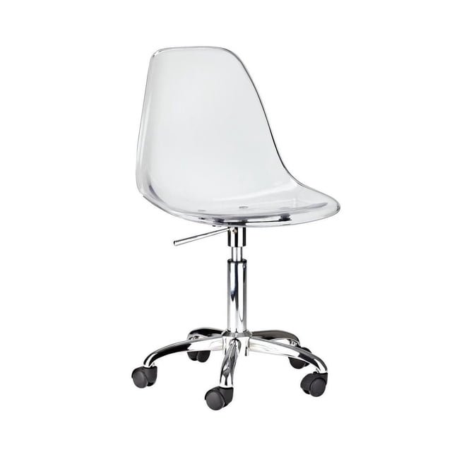 Eiffel Office Chair Acrylic Wheels Task Chair Mid Back Clear with a transparent acrylic ergonomic contoured seat and backrest, adjustable seat height and tilt control, supported by a chrome metal base with five black caster wheels, suitable for kids' rooms, offices, or study areas.