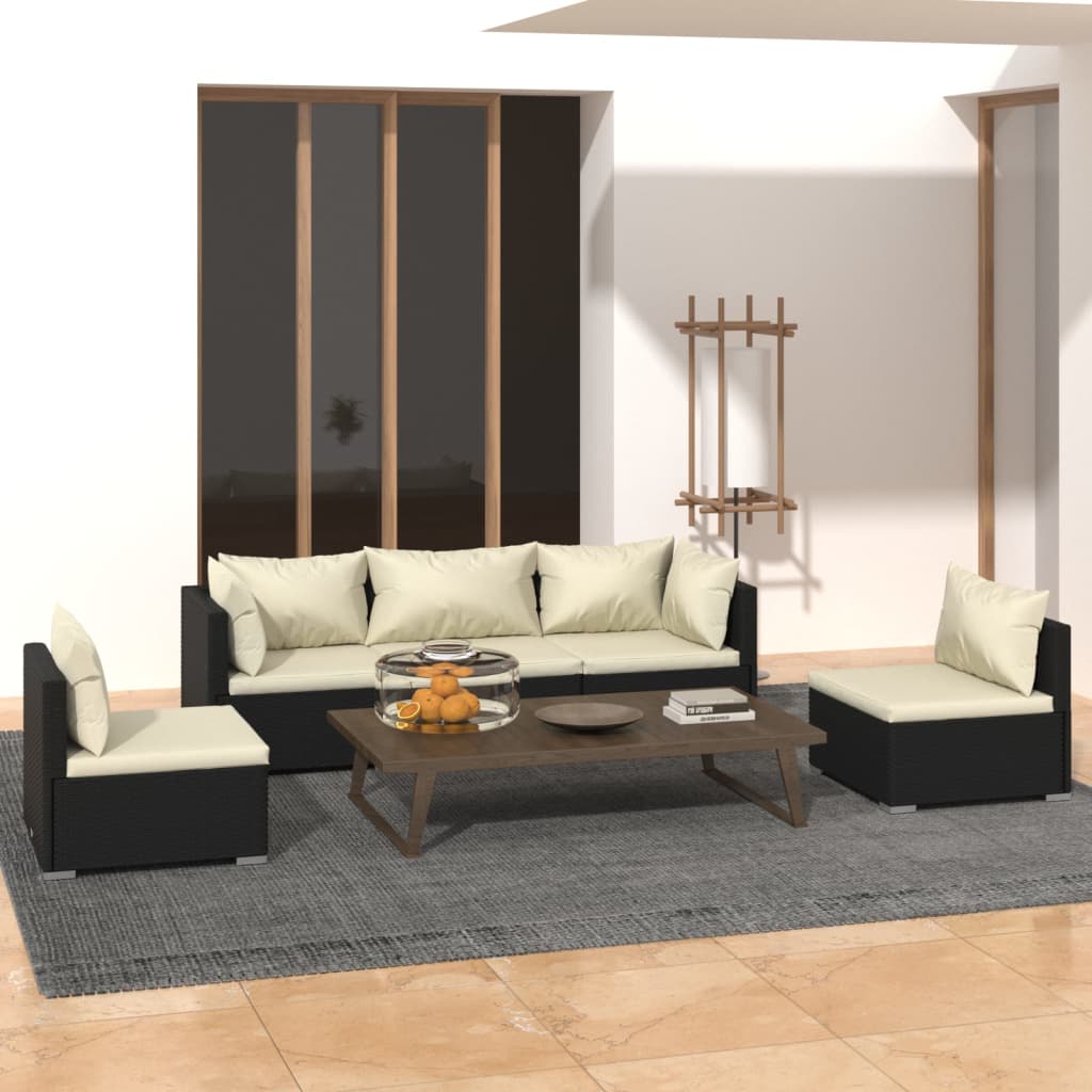 vidaXL 5 Piece Garden Lounge Set with Cushions Poly Rattan Black