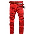 thumbnail image 4 of Rexcyril Men's Moto Biker Jeans Distressed Ripped Skinny Slim Fit Denim Pants with Zippers Red W30, 4 of 4