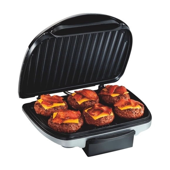 Hamilton Beach Electric Indoor Grill, 6-Serving, Large 90 sq. in. Nonstick Easy Clean Plates, Floating Hinge for Thicker Foods, 1200 Watts, 6.38"D x