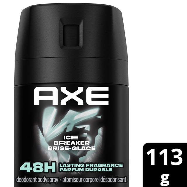 AXE Ice Breaker Deodorant Body Spray in a black matte spray can featuring icy blue abstract graphics and 48-hour lasting fragrance text, aluminum-free formula, 113g size for long-lasting odour protection.