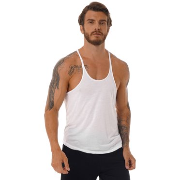 YiZYiF Men's Gym Workout Stringer Tank Vest Sleeveless Y-Back Muscle Bodybuilding Fitness Tops Undershirts White M