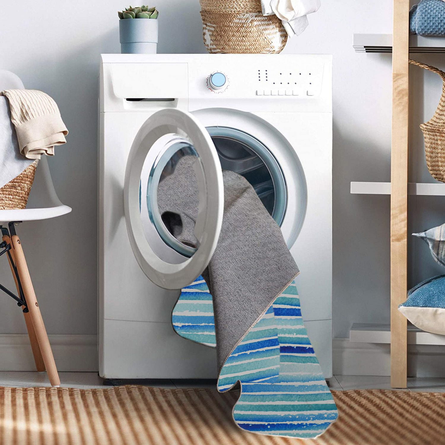 Tapis lavable Janna 5 pi x 7 pi ivoire et bleu