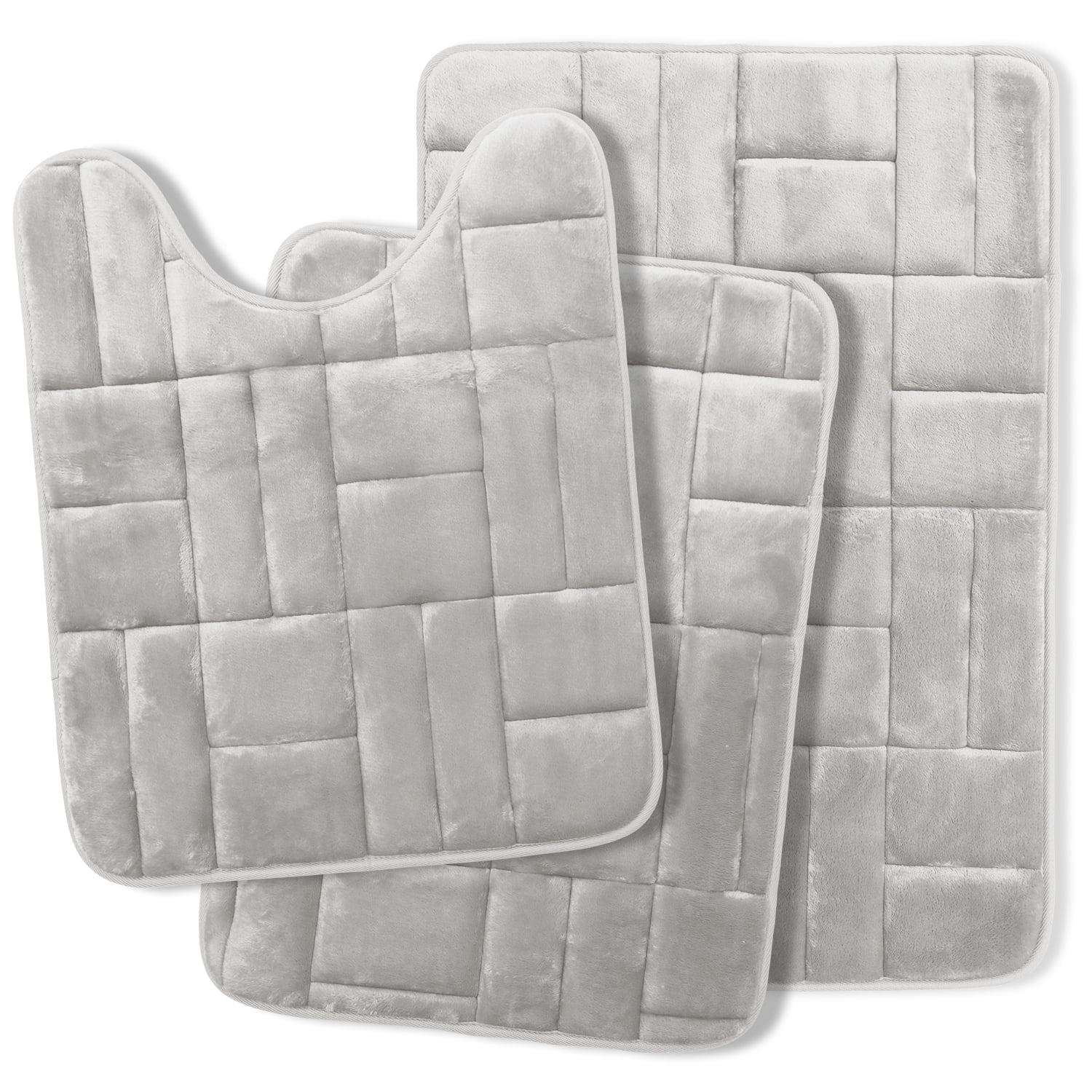 Clara Clark Bathroom Rugs, Velvet Memory Foam Bath Mat, Ultra Soft Non Slip and Absorbent - Tiled - Set Small, Large & Contour - Silver