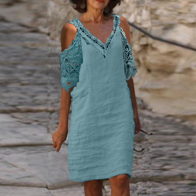 EGNMCR Robes de Fête pour Femmes Robe d'Été pour Femmes Nouvelle Couleur Décontractée à Manches Courtes en Dentelle à Col en V