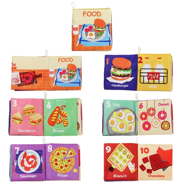 Kid Cloth Book Infant Baby Intelligence Development Toy Cognize Books made of soft cloth material with colorful illustrations of food items such as hamburgers, milk, sandwiches, and pizza. This educational toy is suitable for children aged 3 months to 3 years, featuring textured fabrics and bright colors to develop sensory awareness. Compact 12 x 12 cm size with six pages, including covers, designed for early learning and cognitive development.