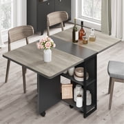 Space Saving Folding Dining Table with 2 Tier Storage-Extendable Drop Leaf Farmhouse Wood Kitchen Dining Room Tables Set for 4-6, Collapsible Expandable Rectangle Dinner Kitchen Office Furniture