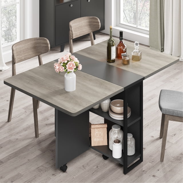 Space Saving Folding Dining Table with 2 Tier Storage-Extendable Drop Leaf Farmhouse Wood Kitchen Dining Room Tables Set for 4-6, Collapsible Expandable Rectangle Dinner Kitchen Office Furniture