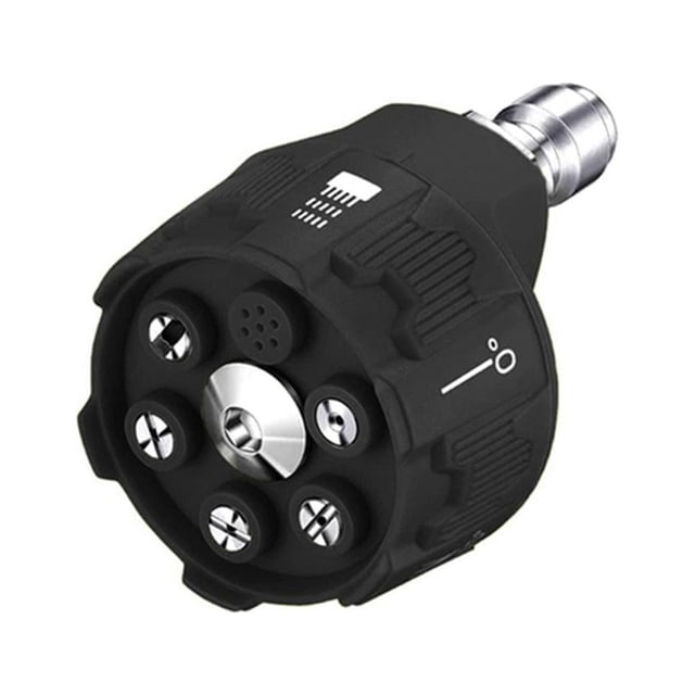 ZOUBAOQ High Pressure Washer Spray Tips Nozzles Power Washer Connect Quick 1/4 C4, featuring a compact black and green design with a 6-in-1 adjustable nozzle. The nozzle offers six spray patterns, including 0°, 15°, 25°, 40°, rinse, and soap, for versatile cleaning applications. Made from durable plastic and stainless steel, it supports up to 4000 PSI and includes a 1/4-inch quick-connect plug for compatibility with most pressure washers. Ideal for cleaning sidewalks, decks, walls, and vehicles.