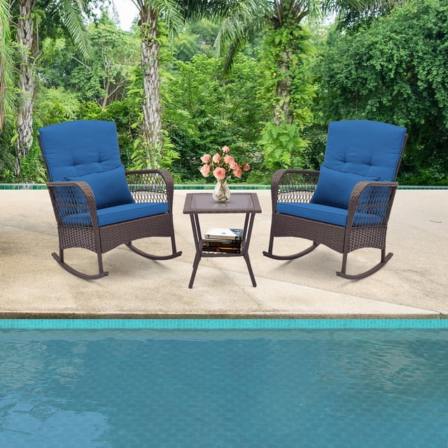Gymax Ensemble Bistro à Bascule 3 Pcs Chaises Berçantes en Rotin PE avec Table à Café à 2 Niveaux Bleu Marine