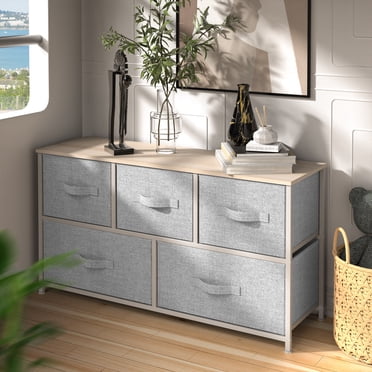 DEXTRUS Wide Dresser with 5 Drawers Easy Pull Fabric Bins for Bedroom, Light Gray