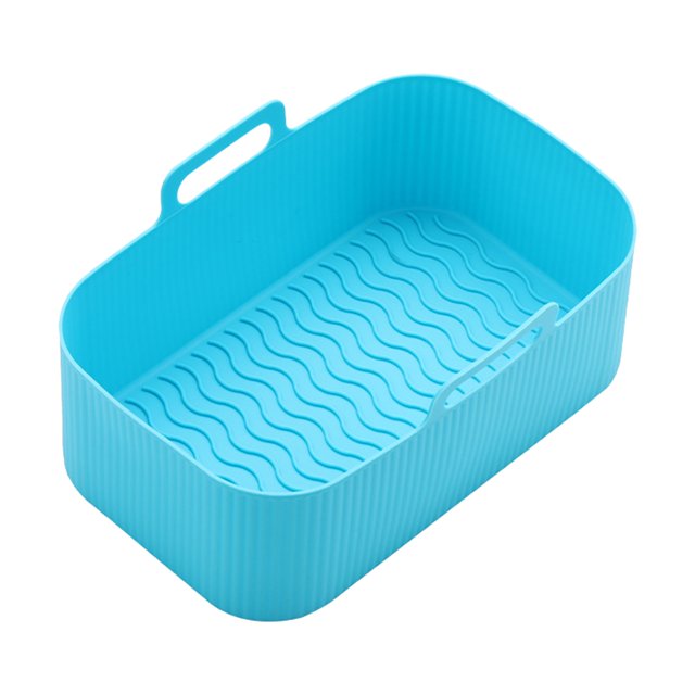 Agiferg Moules Ronds en Silicone pour Friteuse à Air Chaud, Doublures Réutilisables pour Panier de Friteuse à Air, Accessoires, Montrés en Couleur Bleu Vif. le Doublure Présente une Forme Rectangulaire avec des Bords Arrondis, des Motifs de Vagues Surélevées à l'Intérieur pour une Meilleure circulation de l'Air, et des Poignées Latérales Pratiques pour une Manipulation Facile. Fabriquée en Silicone de Qualité Alimentaire Sans BPA, Elle Est Résistante à la Chaleur jusqu'à 450 °F (230 °C) et Conçue pour s'Adapter aux Friteuses à Air de 5 Qt Ou Plus. Idéale pour Remplacer
