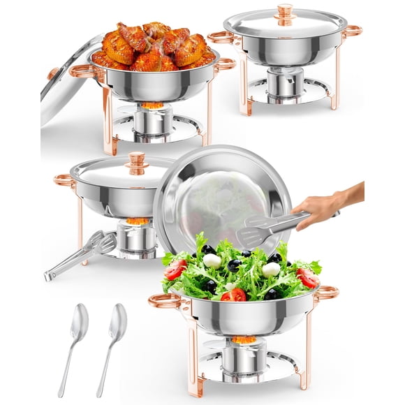Towallmark 5QT 4 Packs Chafing Dish Buffet Set,Chafers and Warmers Food Servers Sets with Lid & Lid Holder, Spoon & Tweezer for Catering Events Parties Weddings Dinners,Rose Gold
