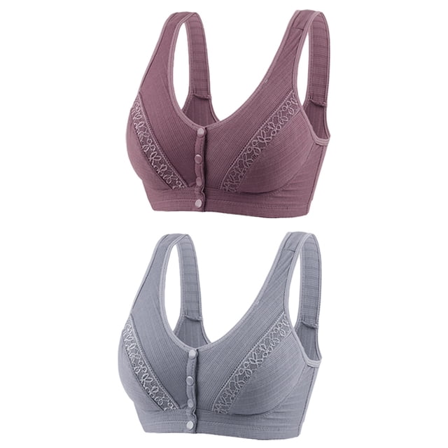 Plebaso Wireless Front Closure Bras for Women 2 Pack Full Coverage Everyday Bras Push up Comfort Bralettes. The image shows two wireless bras with front button closures, featuring a ribbed texture and lace detailing along the cups. One bra is in a mauve color, and the other is in a light grey shade. Both bras have wide, adjustable straps for added comfort and support.