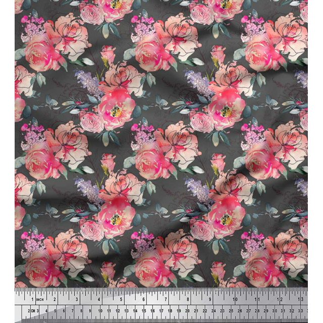 Soimoi Tissu en Velours Gris Ranunculus & Roses Imprimé Floral Tissu d'Artisanat au Mètre 60 Pouces de Large
