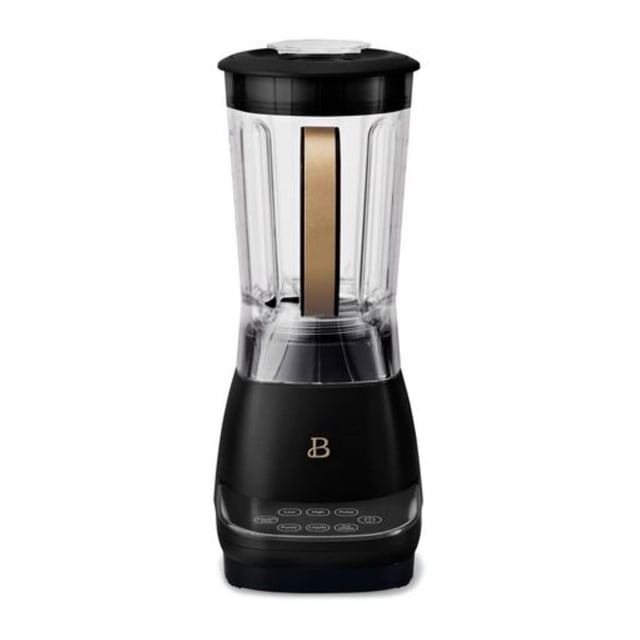 Beautiful High Performance Touchscreen Blender by Drew Barrymore with a 6-cup clear Tritan pitcher, gold-tone handle, and black base featuring touch-activated illuminated controls and gold 'B' logo, suitable for blending smoothies and crushing ice.