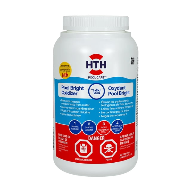 hth® Oxydant Éclatant pour Piscine, Contenant en Plastique Blanc de 2 kg avec Bouchon à Vis, Étiqueté pour Utilisation comme Produit Chimique de Piscine afin d'Éliminer les contaminants Organiques et de Garder l'Eau Claire Sans Chlore, Comprend des Avertissements de Danger Corrosif et de poison en Anglais et en Français, Idéal pour Maintenir l'Équilibre d'Eau de la Piscine Extérieure.