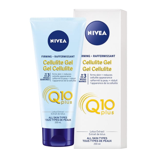 NIVEA Q10 plus Firming Cellulite Gel 200 ml tube and box with light blue packaging and dark blue cap, enriched with antioxidant Q10 coenzyme and lotus extract, designed to firm skin and reduce cellulite appearance, suitable for all skin types and dry skin moisturizer in body care.