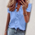 thumbnail image 2 of Women's Casual Solid Color Ruffle Collar Long Sleeve Ruffle Shirt Blouse V Neck Short Sleeve Shirt Tops, 2 of 7