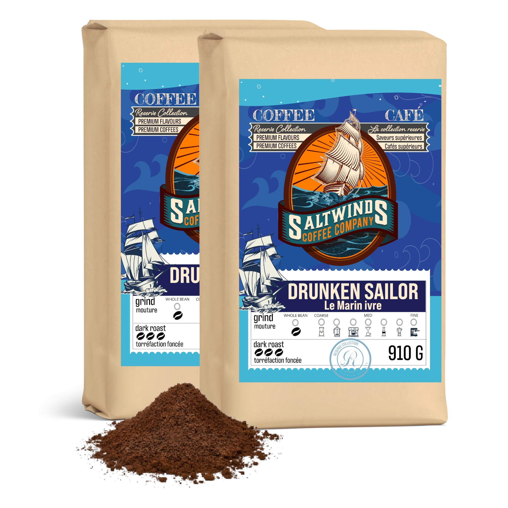 Drunken Sailor Dark Roast Coffee ( 2x910g  Ground)   | Ocean Air Infused | Canadian-Roasted Dark Roast Coffee