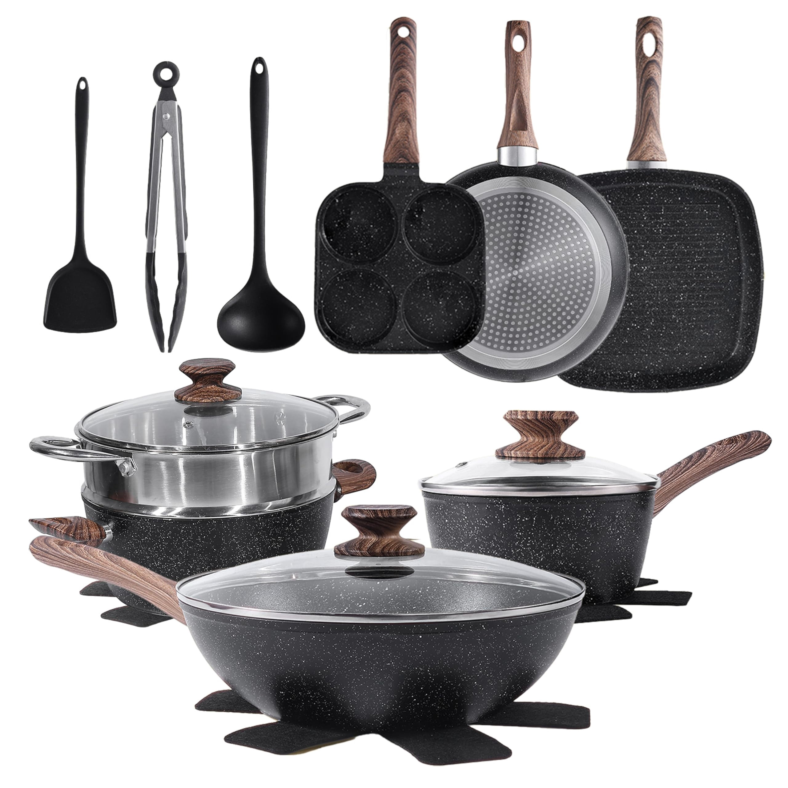 Simple Deluxe 17Pcs Ceramic Cookware Set Nonstick & Non-Toxic Healthy Pots and Pans Heat-Resistant Handles Induction Cookware Sets with Frying Pans Black
