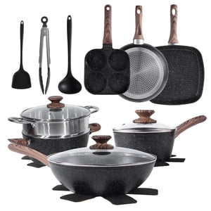 Simple Deluxe 17Pcs Ceramic Cookware Set Nonstick & Non-Toxic Healthy Pots and Pans Heat-Resistant Handles Induction Cookware Sets with Frying Pans Black