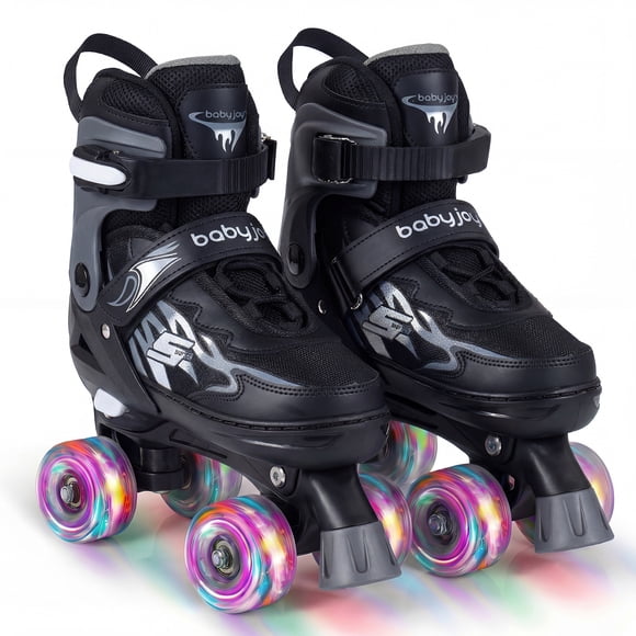 Gymax Patins à Roulettes pour Enfants 4 Tailles Réglables Patins Quad avec Roues Lumineuses pour 7-9 Ans Noir