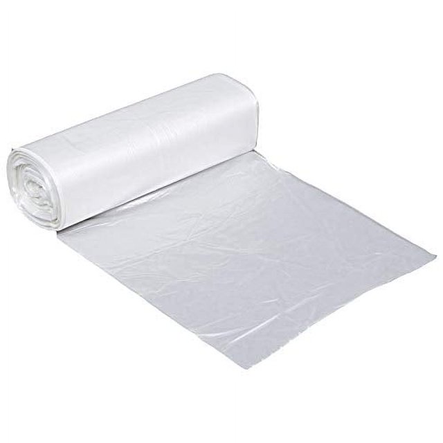 Clear Plastic Leak Proof Kitchen Waste Basket Garbage Bags, 48 Pack, shown as a roll of transparent, unscented high-density resin bags. Each bag holds 7 to 10 gallons and features an 8-micron thickness for puncture resistance. Ideal for kitchens, offices, and laundry use.