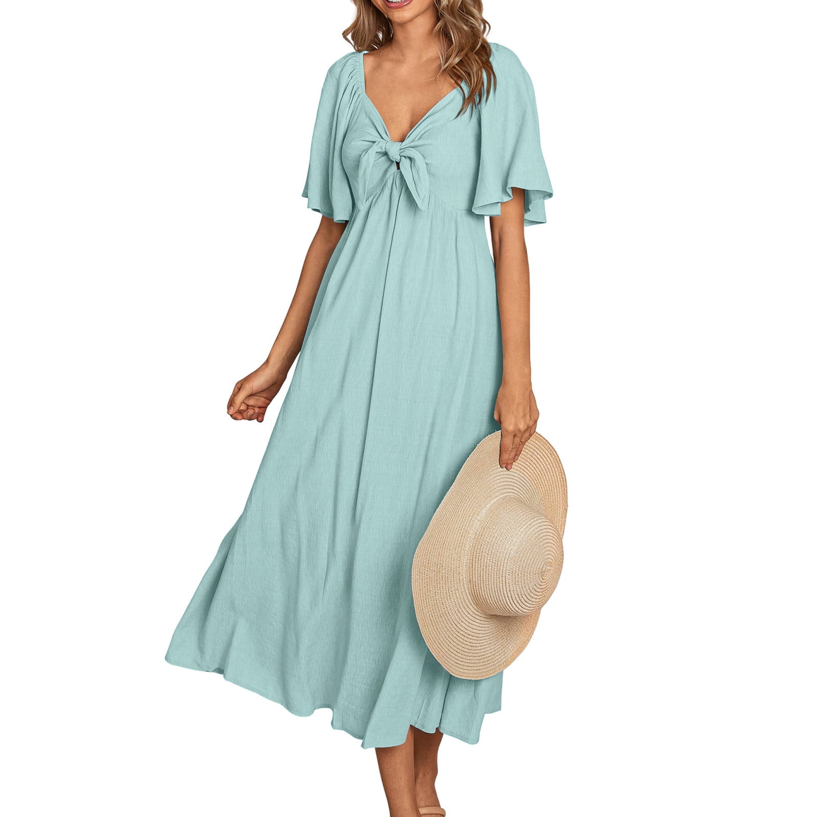Fshaion Robe d'Été pour Femmes 2024 Grande Taille Col en V Manches Courtes Taille Unie Robes Liquidation à Moins de 10!