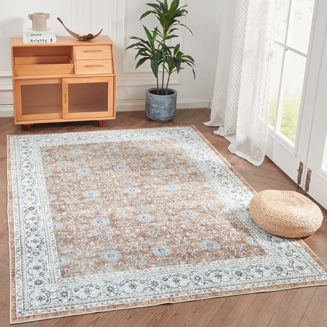 Rugking Tapis de Course 4X7 Persan Tapis d'Intérieur Mince Tapis de Porte Doux Orange Imprimé Overdyed Boho Rétro Couverture de Sol Ferme Lavable Cuisine Chambre à Coucher