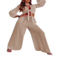 thumbnail image 3 of 2Pcs Women Outfit  Solid Color Deep V-Neck Knotted Long Sleeve Tops + High-Rise Loose Pants Set for Ladies  S/M/L/XL, 3 of 9