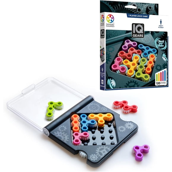 SmartGames IQ Gears Jeu de Logique Dynamique Pratique pour le Voyage Comprenant 120 Défis pour 7 Ans et Plus - Adulte