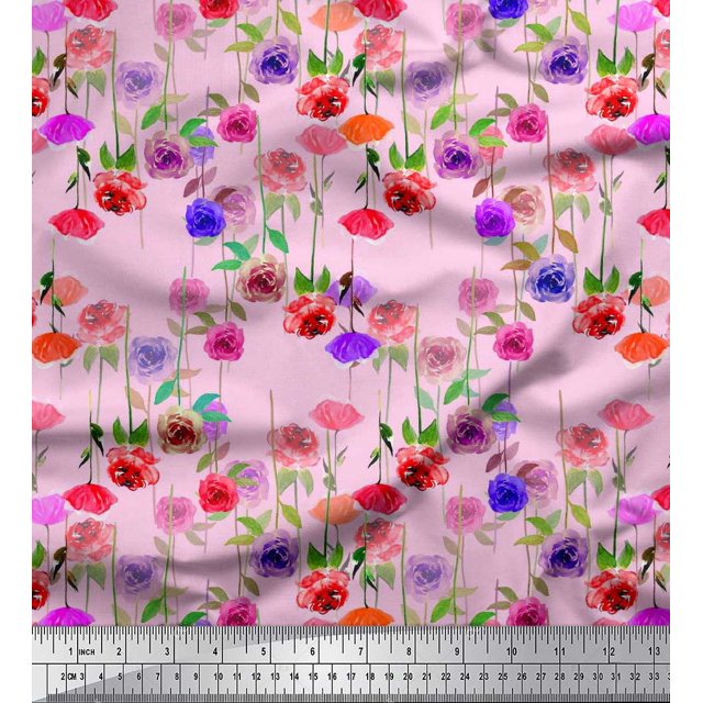 Soimoi Tissu en Georgette Viscose Feuilles et Imprimés Floraux de Roses au Mètre 42 Pouces de Large