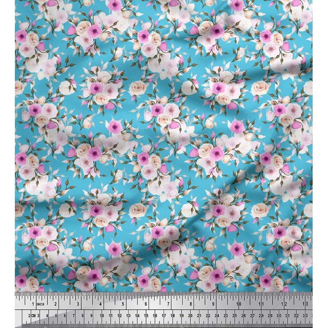 Soimoi Tissu en Poly Georgette Feuilles & Roses Imprimés Floraux au Mètre 52 Pouces de Large