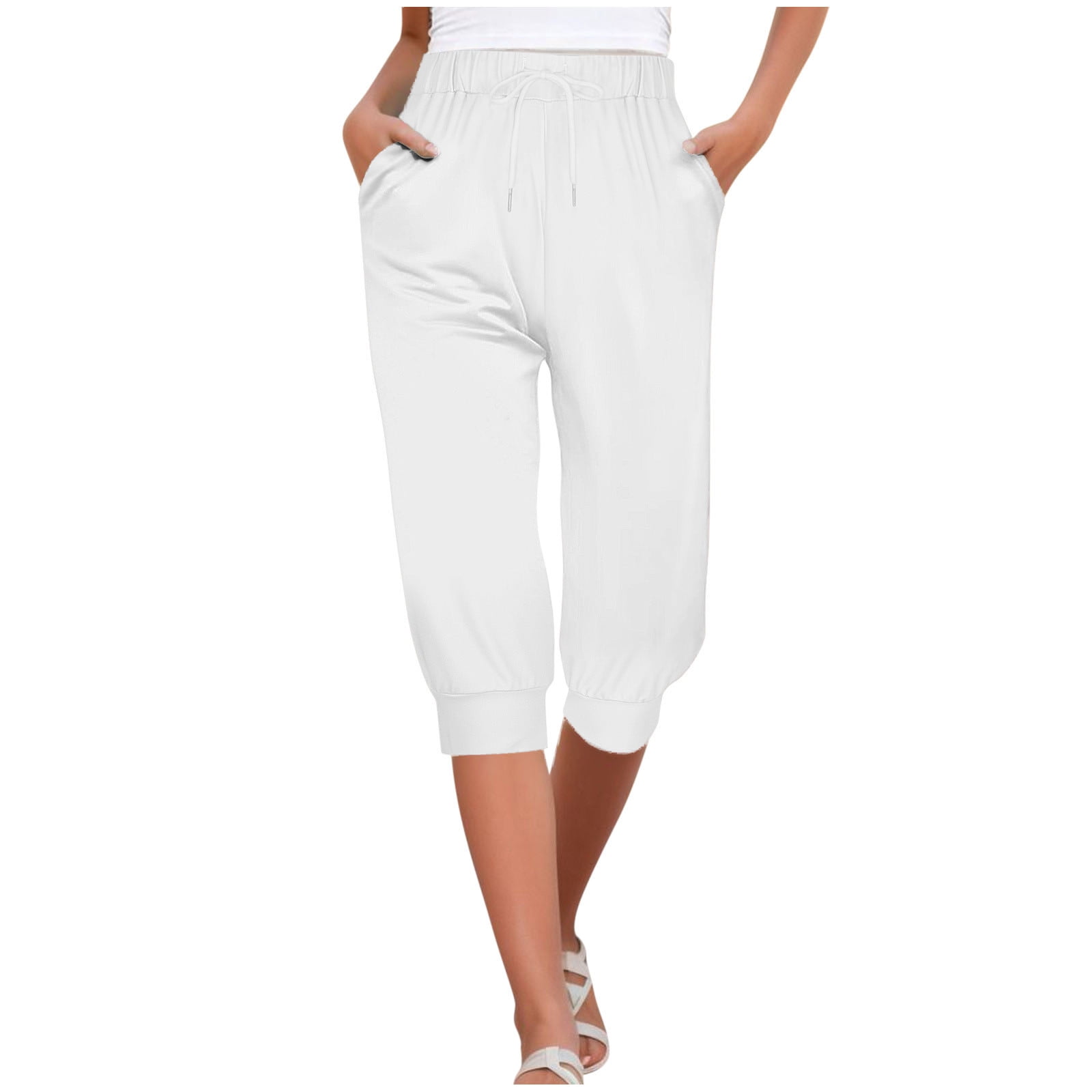 Timegard Pantalon Capri pour Femmes à Taille Élastique avec Cordon de Serrage, Bas Resserré, Confortable, Décontracté, Pantalon Court avec Poches