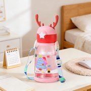 BUTASY Water Bottle 600ML Antler Large Capacity Cup Cute Antler Water Bottle With Straw LeakProof Portable Cup For Adults KidsDaily/TravelOutdoor Use