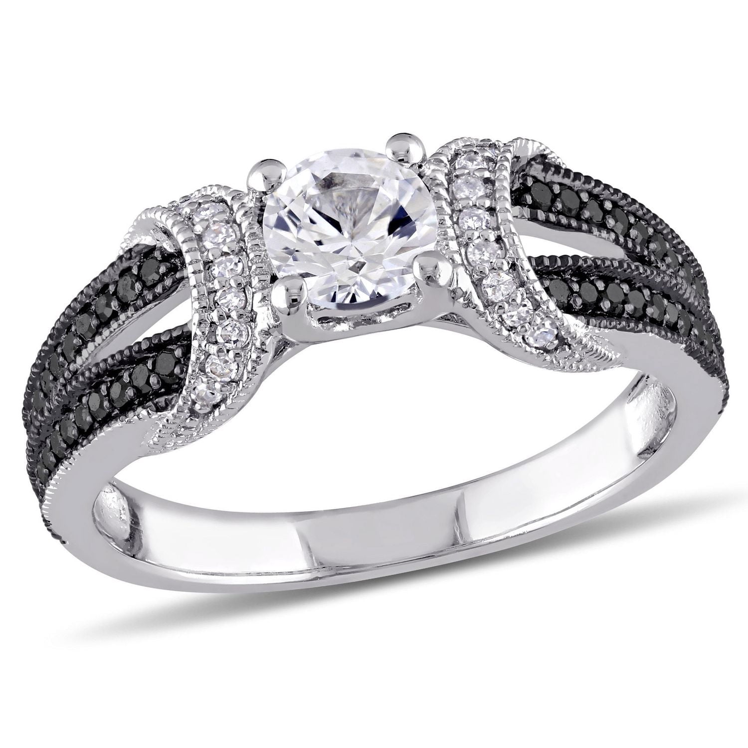 Bague de fiançailles Asteria avec saphirs blancs synthétiques de 0,63 ct PBT et diamants noirs de 0,25 ct poids total en argent sterling