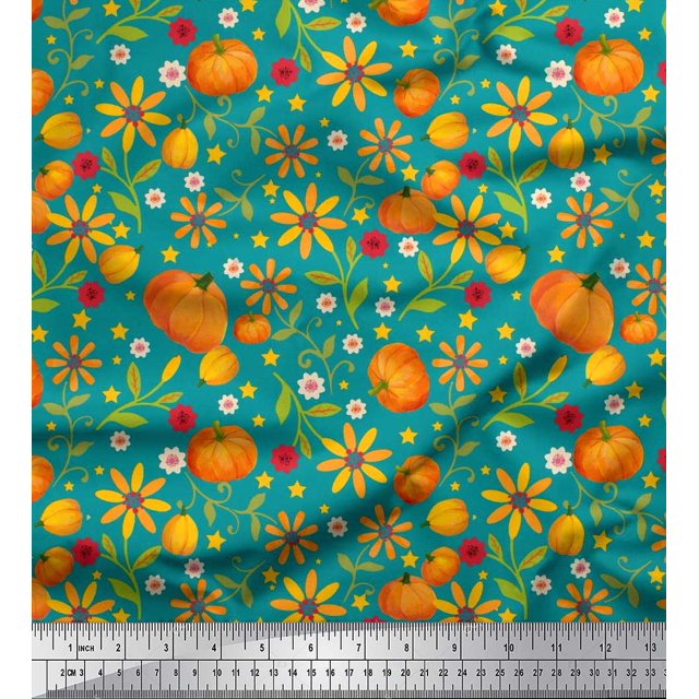 Soimoi Polyester Crepe Fabric Leaves,Floral & Pumpkin Vegetable Decor Fabric Printed Yard 52 Inch Wide
