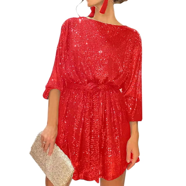 Gupgi Robe à Paillettes pour Femmes à Manches Longues, Col Ras du Cou, Mini-Robe Scintillante et Brillante, Robe Élégante pour Cocktail et Fête