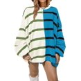 thumbnail image 1 of ORUYROP Chandail à Rayures pour Femmes Col Rond Manches Longues Tricoté Bloc de Couleur Décontracté Léger, Bleu, TTG, 1 of 5