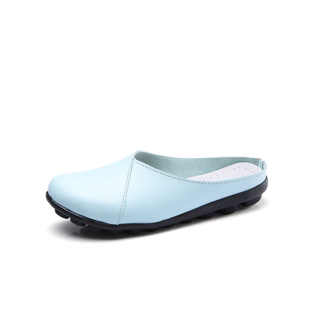 Woobling Womens Mules Slip On Flats Comfort Clogs in light blue, US size 6. These lightweight leather mules feature a closed toe, low-top design, and anti-slip TPR outsole for casual walking. Suitable for all seasons and various occasions like traveling, working, or everyday wear.