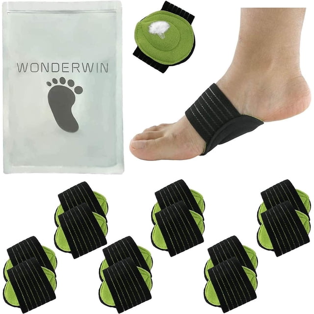Arch Support, Plantar Fasciitis Foot Relief Cushions, Flatfoot Corrector Compression Cushioned Support. The image displays multiple green and black cushioned arch support braces with compression bands, designed to alleviate pain from plantar fasciitis, flat feet, and high arches. Features breathable fabric, a non-slip sole, and a compact design for use with various footwear. A branded storage pouch labeled 'Wonderwin' is also included.
