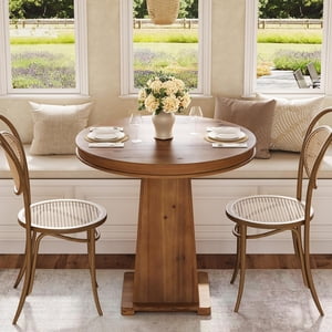 Tribesigns Solid Wood Round Dining Table, 31.5" Small Kitchen Table for 2, Modern Farmhouse Dinner Table for Dining Room, Kitchen, Living Room, Artistic Geometric Base, Table Only (Rustic Brown)