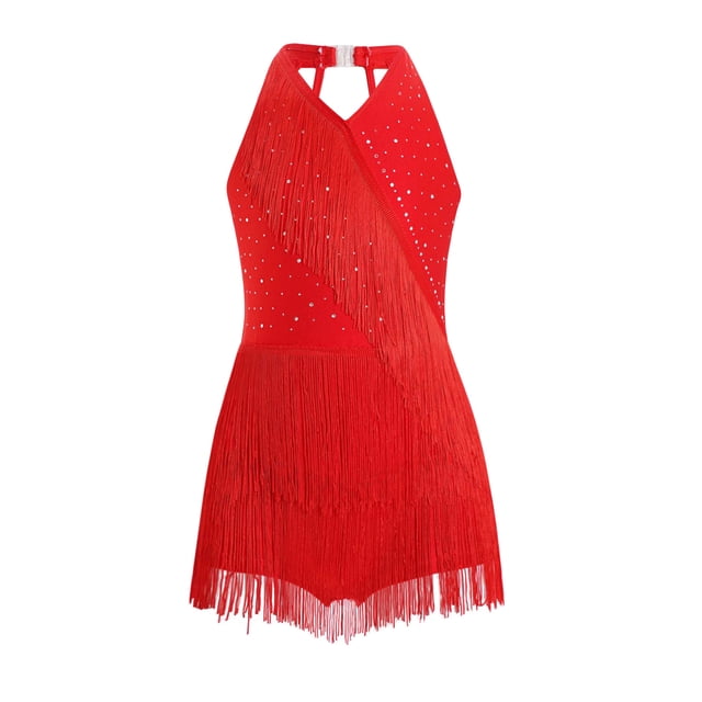 Ocealan Robe de Danse Latin Jazz pour Filles Enfants Costume de Danse Tango Rumba Samba Scintillant Justaucorps à Franges Rouge 12