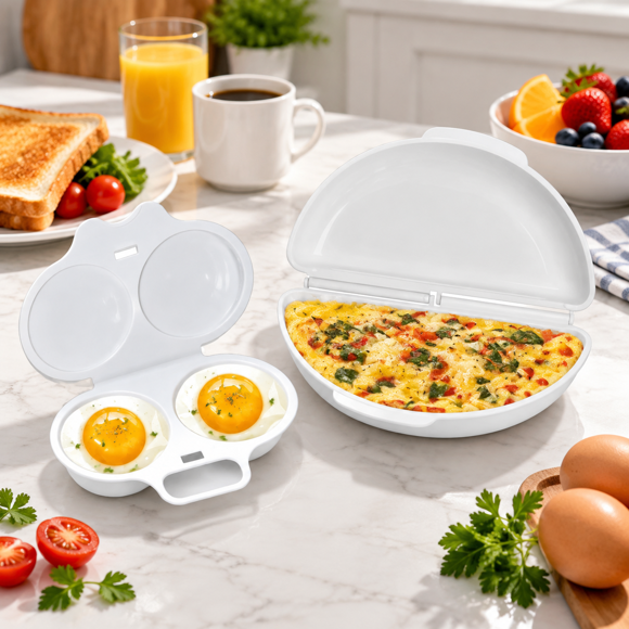 2-Piece Microwave Breakfast Egg Maker, Double Poaching Pan and Egg Boiling Tool with Hinged Lid, Nonstick Cooking Set for Kitchen, White